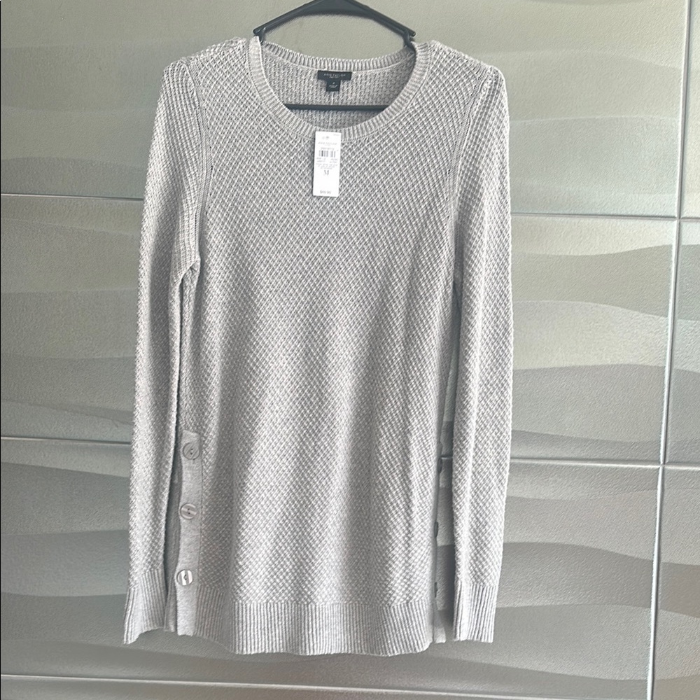 Ann Taylor Light Gray Textured Crewneck Sweater with Side Buttons